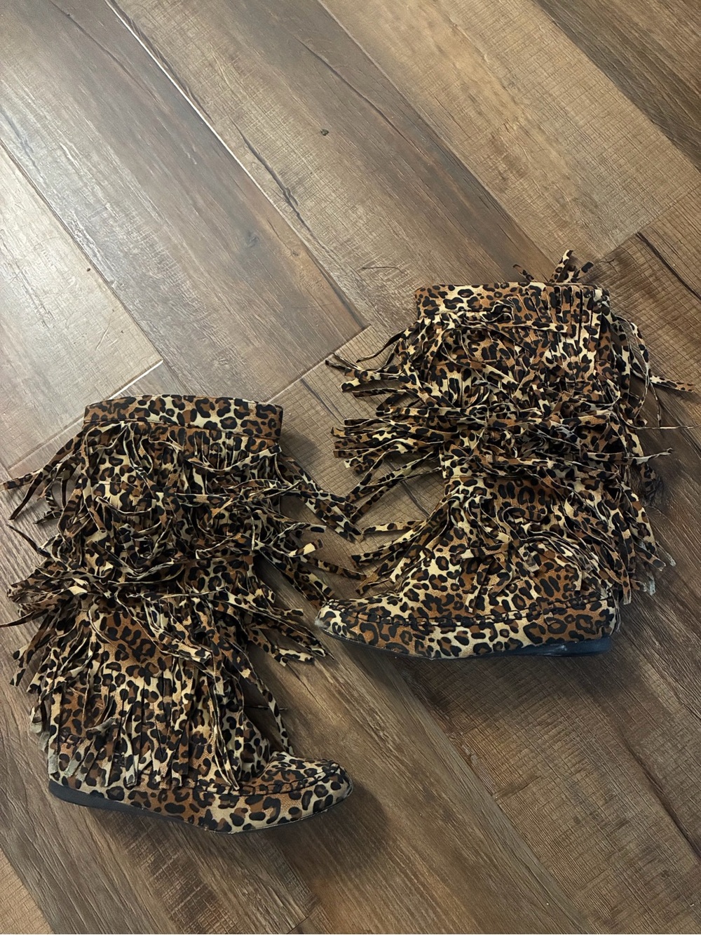 Yoki Leopard Print Fringe Moccasin Boots - Brown